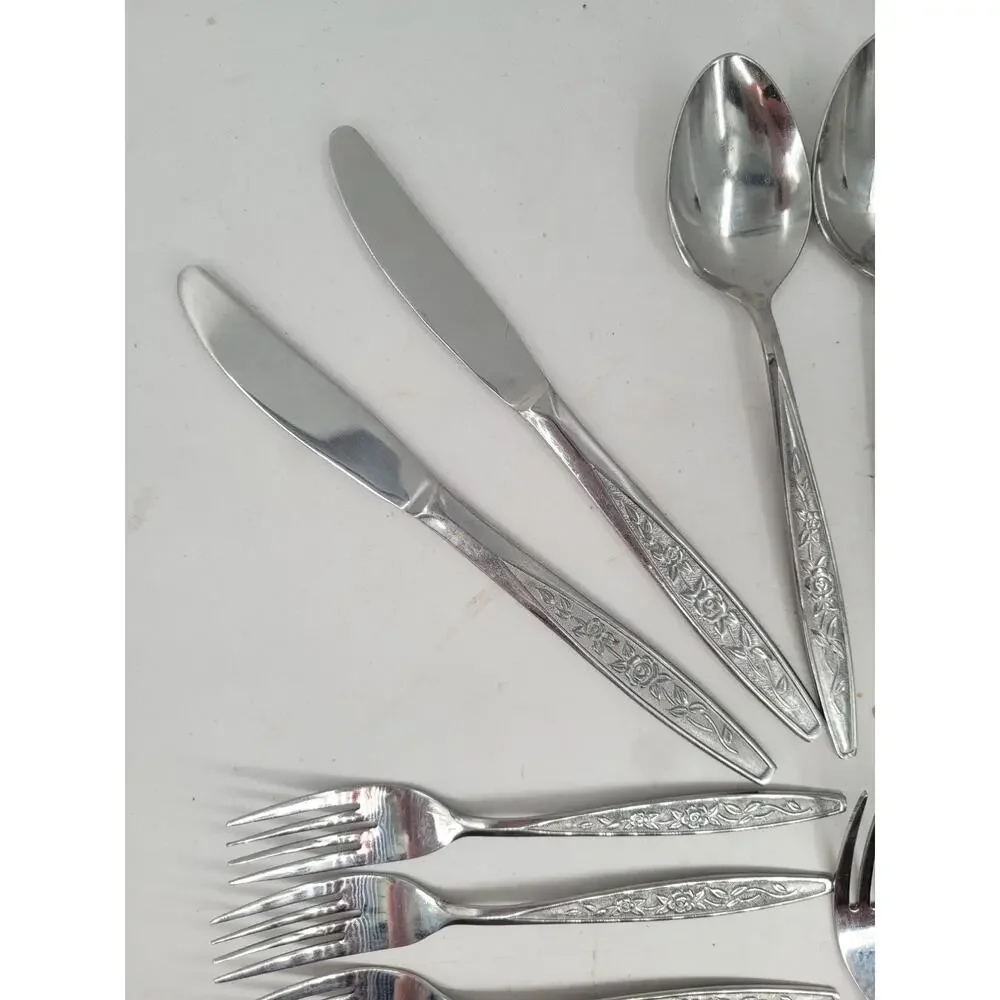 Eldan ELD18 Stainless Flatware Set Japan Roses Textured 24 Pc Tableware